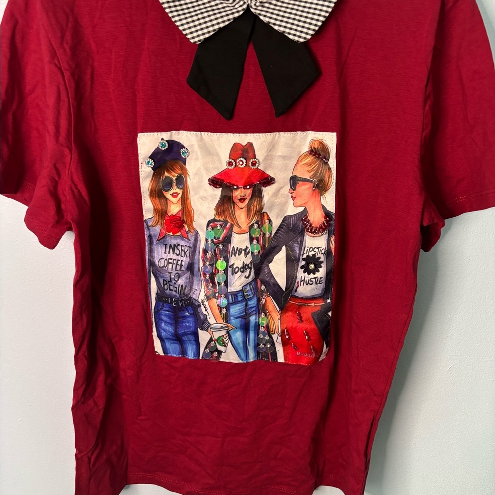Red Graphic Tee with Checkered Collar MiaoMiao
